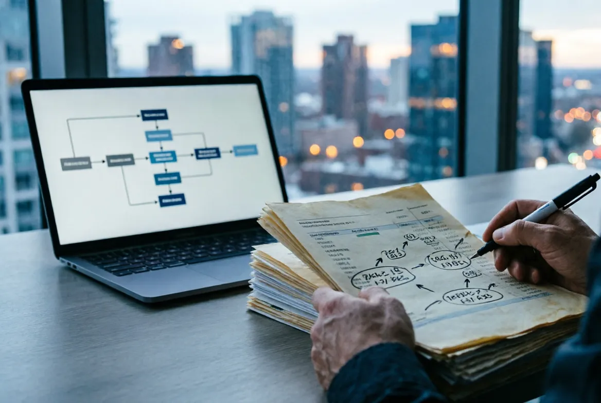 Analyst reviewing bank statements from a fraud case at dusk