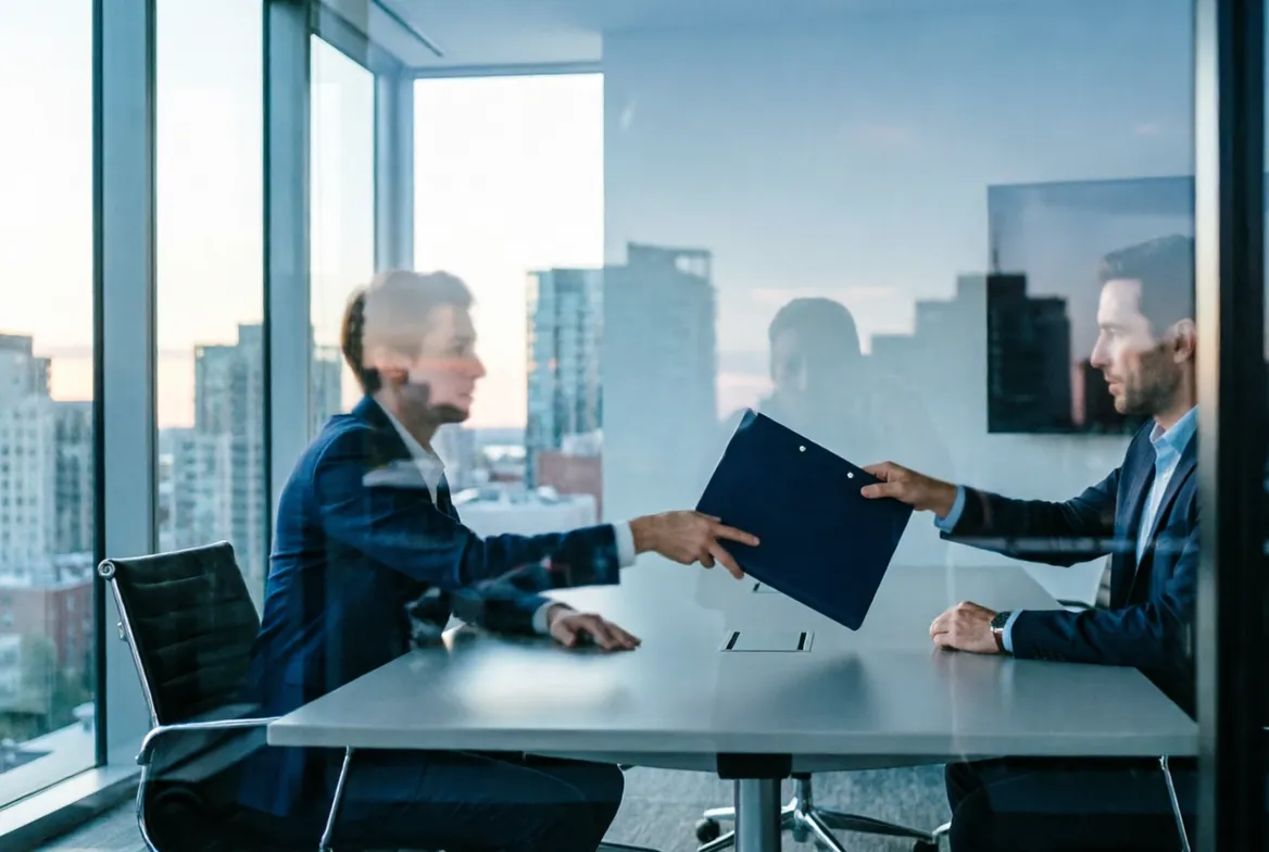Confidential consultation in a glass-walled meeting room